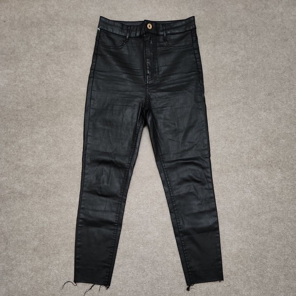 Zara Woman Slim Fit Coated Cropped Pants Size 6 Black Skinny Raw Hem High Rise - Picture 2 of 7